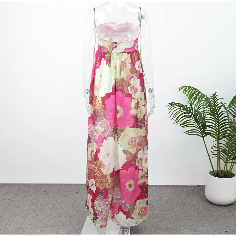 Chic Floral Print Pleated Long Dress Women's Sexy Strapless Backless Loose Party Vestidos 2025 Summer Lady High Street Robes New
