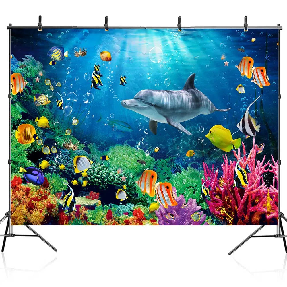 Underwater World Dolphin Coral Seaweed Seabed Aquarium Theme Photography Background Children Birthday Party Decor Backdrop