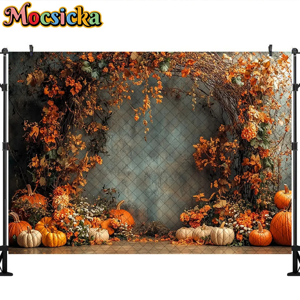 Mocsicka Photography Backdrop Autumn Pumpkin Maple Leaves Decoration Fall Portraits Photo Supplies Backgrounds For Photographs