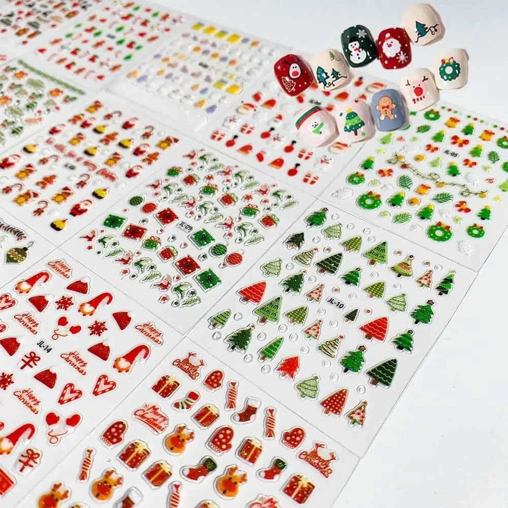 Festive Nail Art Stickers – 30pcs Glitter Christmas Designs with Snowmen, Elks, Santa, and Candy Canes for Winter Manicure
