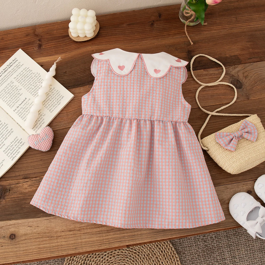 (0-3 Year Old Checkered Baby Girl Dress) Summer New Sweet White Petal Collar Children'S Sleeveless Clothes Free Package