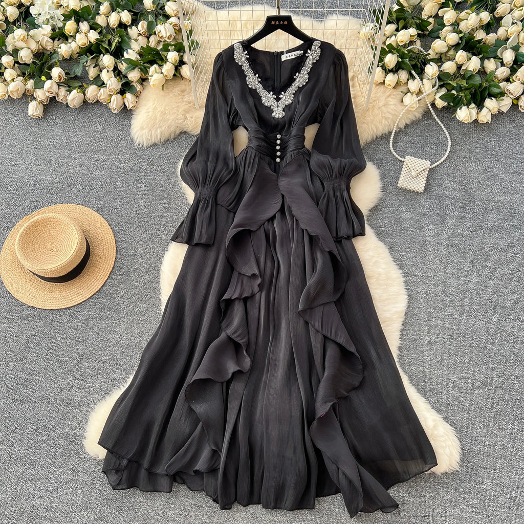 Spring Autumn Women Party Long Dress Elegant Female Red/Purple/Beige/Black Diamonds Patchwork Ruffle A-Line Maxi Vestidos New