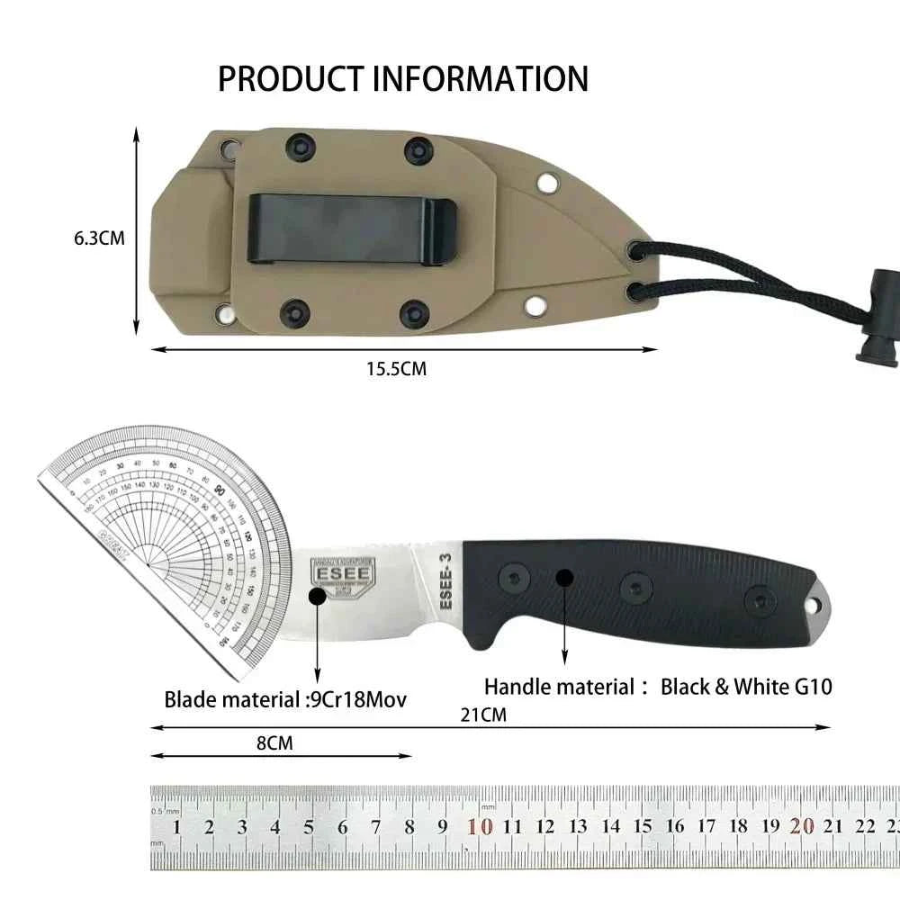 ESEE-3 Hunting Fixed Blade Knife with Sheath 9Cr18Mov Blade G10 Handle Portable Survival Outdoor Knife Cutting Tactical Knife