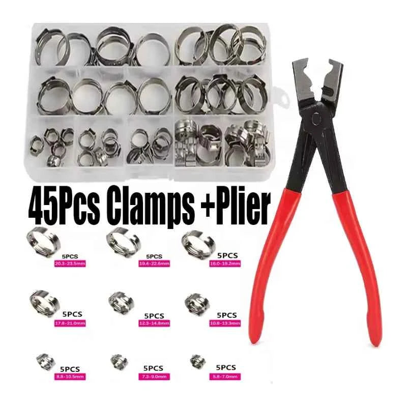 45/80/130pcs Stainless Steel Ear Clamps, Worm Drive Hose Clips, Fuel & Water Pipe Clamps + 1pc Clamp Pliers
