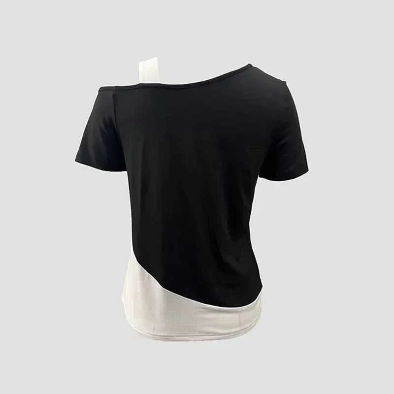 Chic Color Blocking Short Sleeved Women Solid Color Off Shoulder Asymmetric T-Shirt Female Summer Casual Tops The jack market .AU The jack market .AU Woman Fashion $ 57 14:193#pink black;5:361385