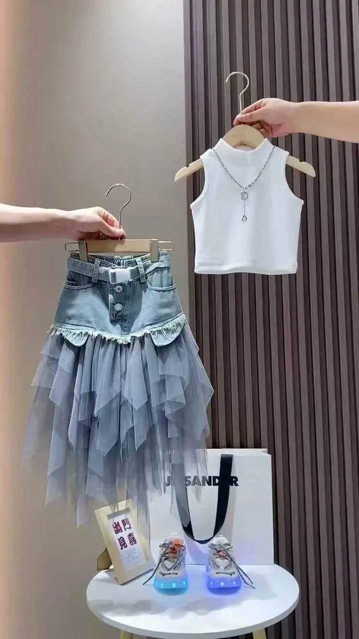 Girls' Summer New Set 2026 Korean Version Baby Girl Tank Top Mesh Splicing Cowboy Skirt Set Kids Summer Set The jack market .AU The jack market .AU Mum & Kids: Essential Products for Every Family $ 62 14:29#WHITE;200000463:200004189#110CM 4Years;200007763:201336100