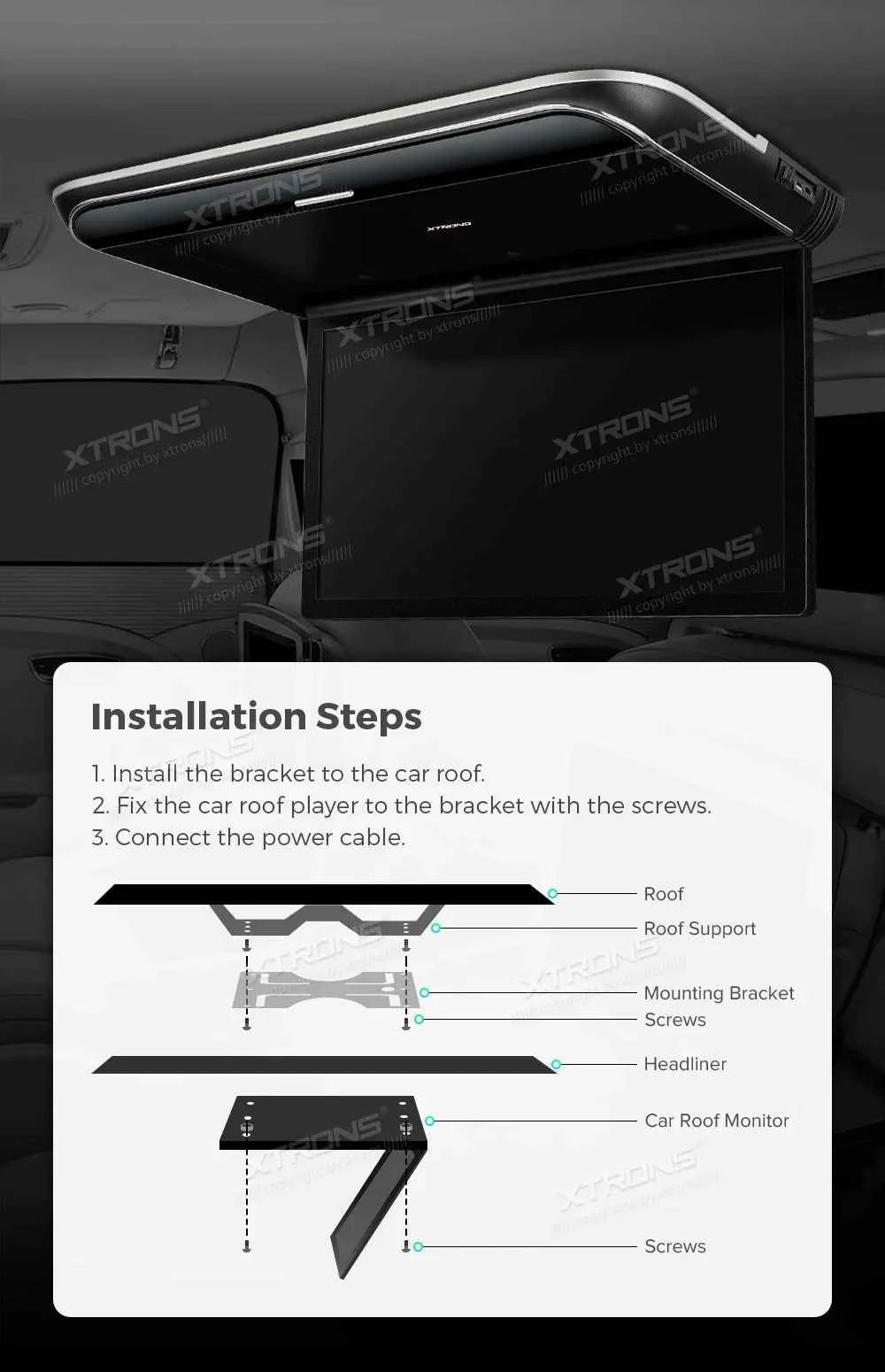 XTRONS 19.5" Android Car Roof Monitor TV Octa-core 8K IPS Car Screen Adjustable Angle to 170° with Screen Mirroring USB HDR RCA