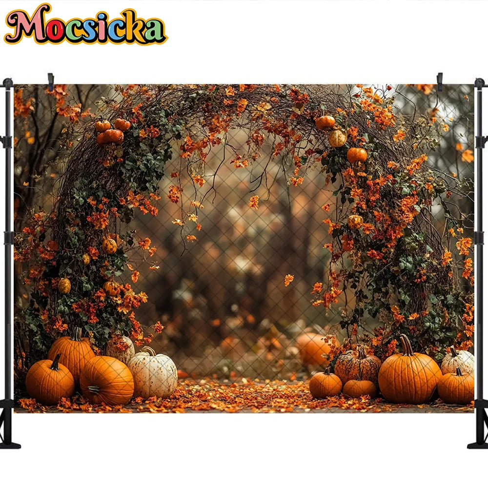 Mocsicka Photography Backdrop Autumn Pumpkin Maple Leaves Decoration Fall Portraits Photo Supplies Backgrounds For Photographs