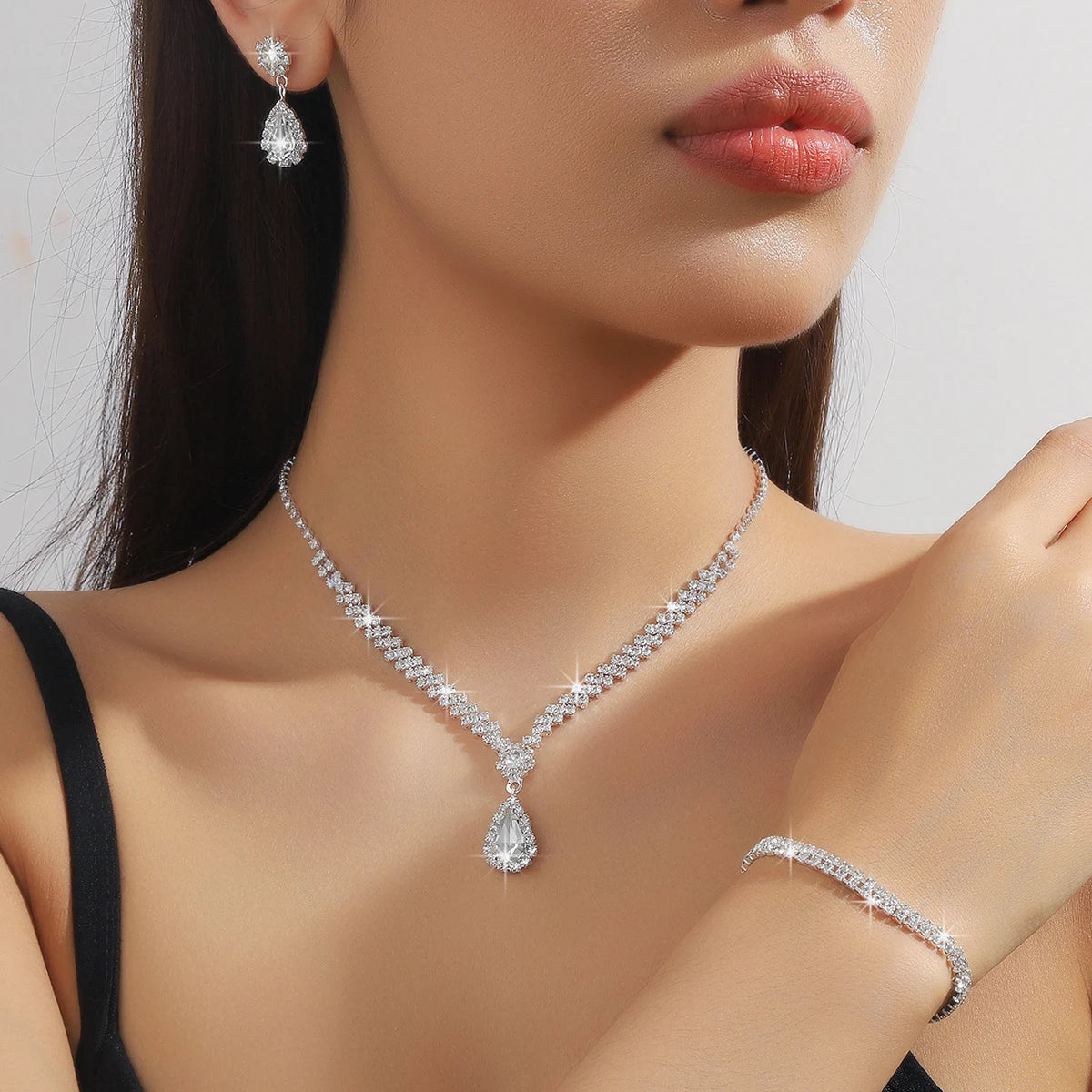 4 pcs bridal jewelry set, rhinestone pearl necklace, earrings, bracelets, dinner dress accessories