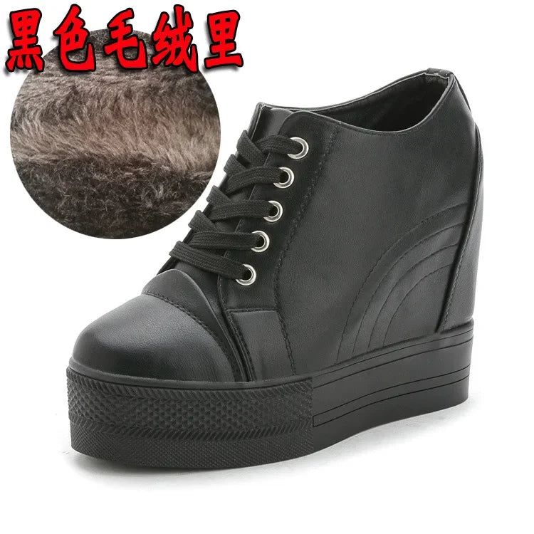 High Top Women's Casual Shoes Leather Casual Sneaker Hidden Increased Ladies Ankle Boots New Plush Woman Platform Boots Botines