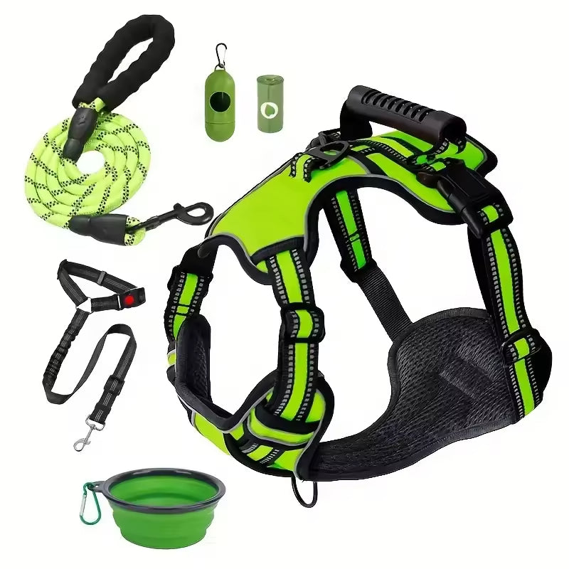 Tactical Service Dog Harness Strap Set, Car Seat Belt, Collapsible Bowl, Biodegradable Trash Bag Set For Dogs
