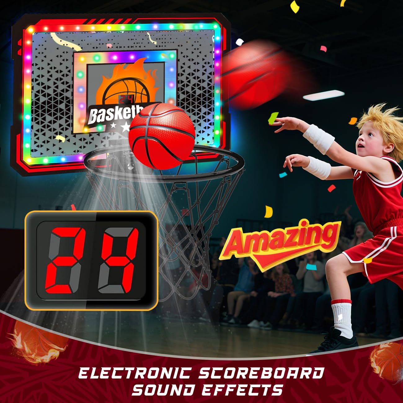 Playhouse House Game  Light Up Basketball Hoops With 6 Color LED Lighting, Remote Controller, Scoreboard & 3 Balls, Over The Door Basketballs Game Toys Gifts For Kids 5-12 Boys Girls