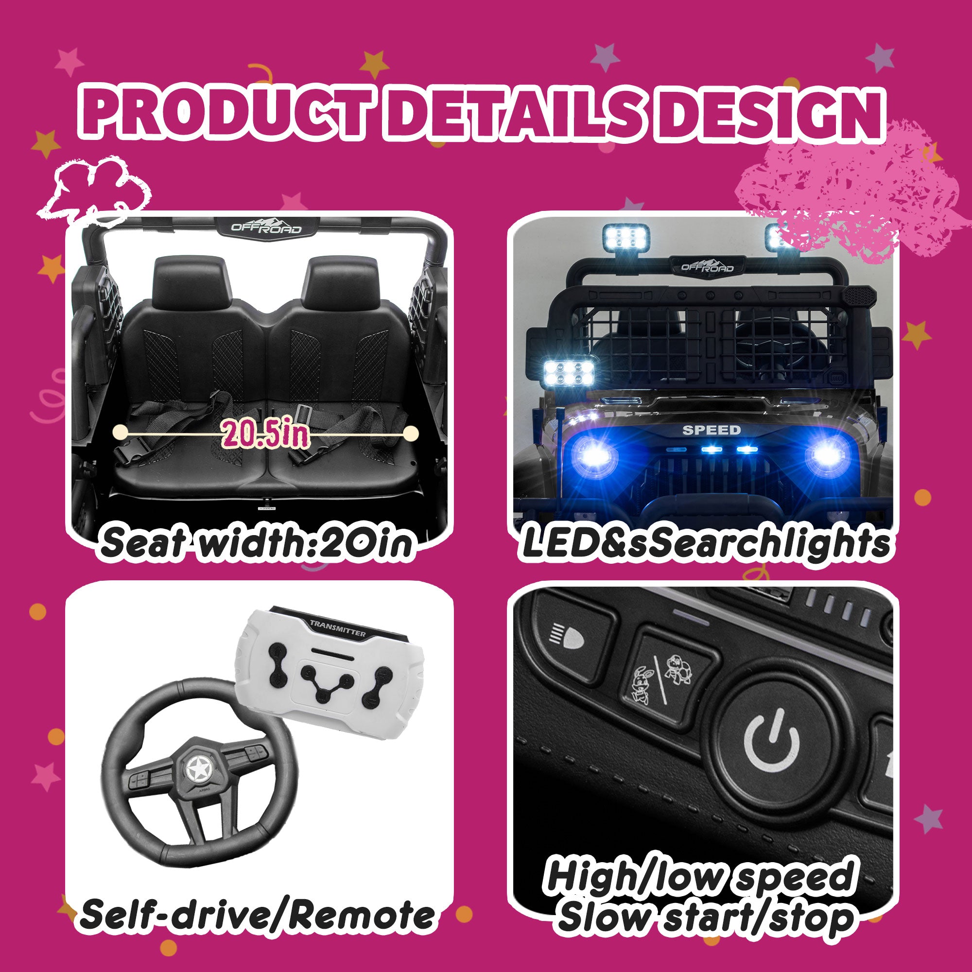 24V 100Wx2 Two-seater Kids Ride On Car W RC - 3 Speed Adjustable,LED Headlights,4-Wheel Shock Absorption,USB MP3 Charging & Battery Indicator,Bluetooth & Music - Electric Toy Car For Kids 3-8