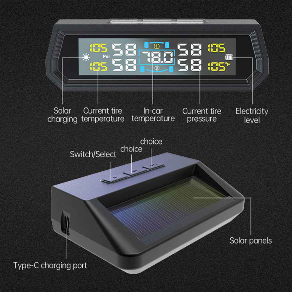Universal Auto Security Alarm Systems In Car Temperature Display Car Tire Pressure Monitoring System USB / Solar TPMS