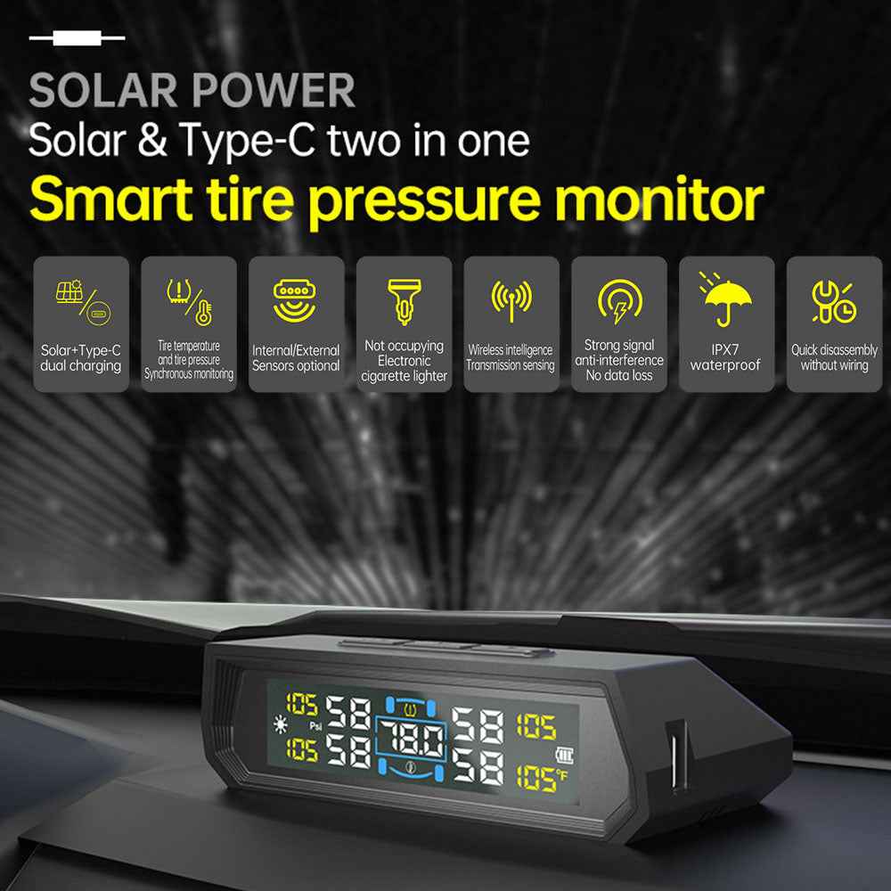 Universal Auto Security Alarm Systems In Car Temperature Display Car Tire Pressure Monitoring System USB / Solar TPMS